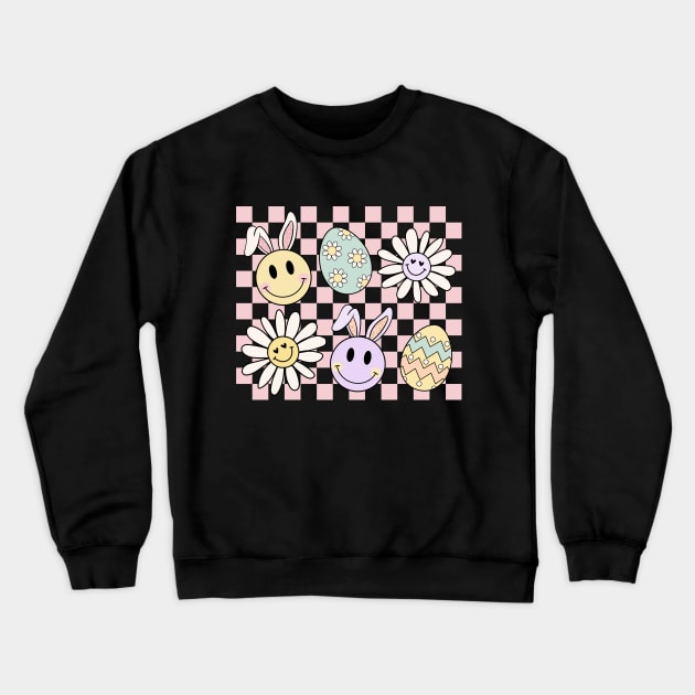 Happy Easter Eggs Bunny Checkered Crewneck Sweatshirt by JDVNart